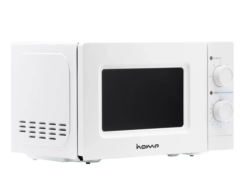 Белая отдельностоящая микроволновая печь с механическими переключателями